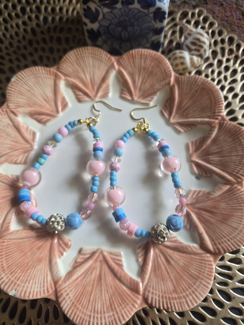 Handmade Pink & Blue Beaded Hoop Earrings